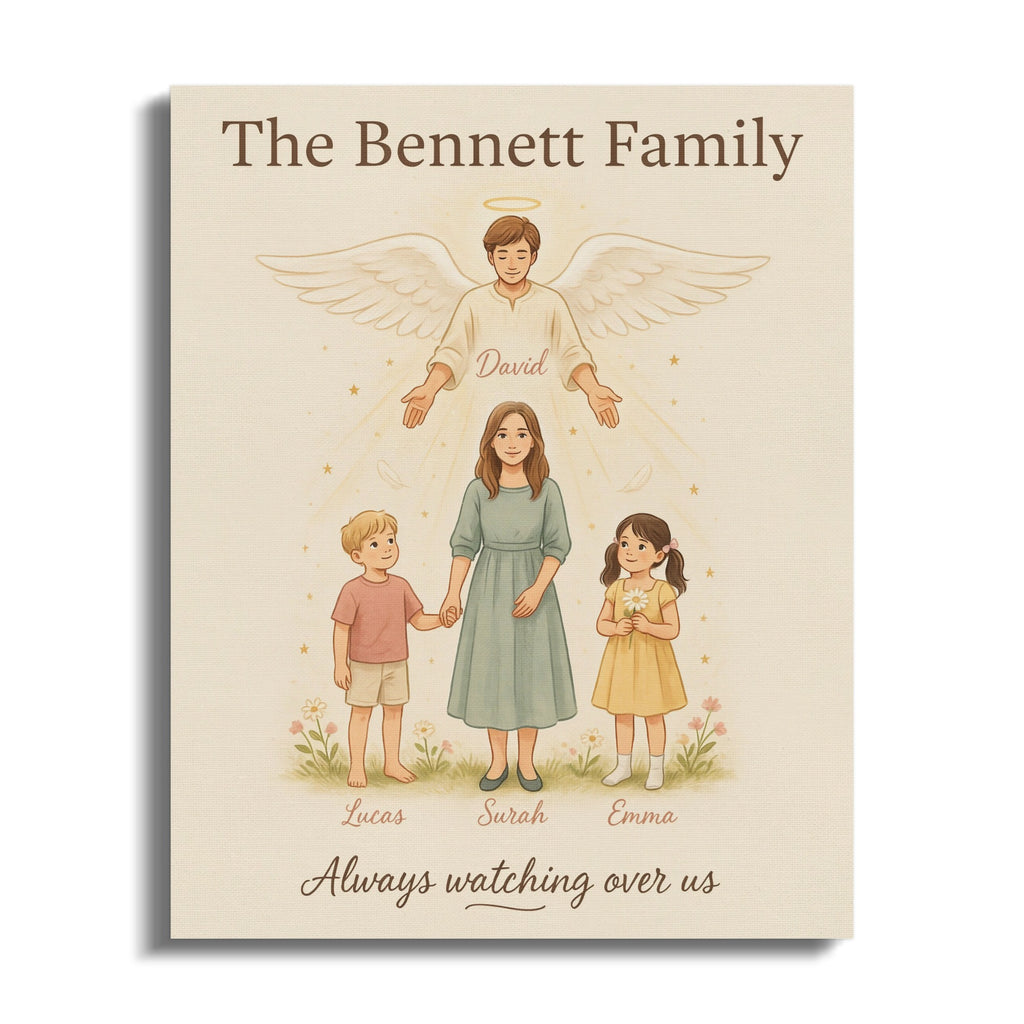 "The Bennett Family" artwork with angel, mother, and two children.