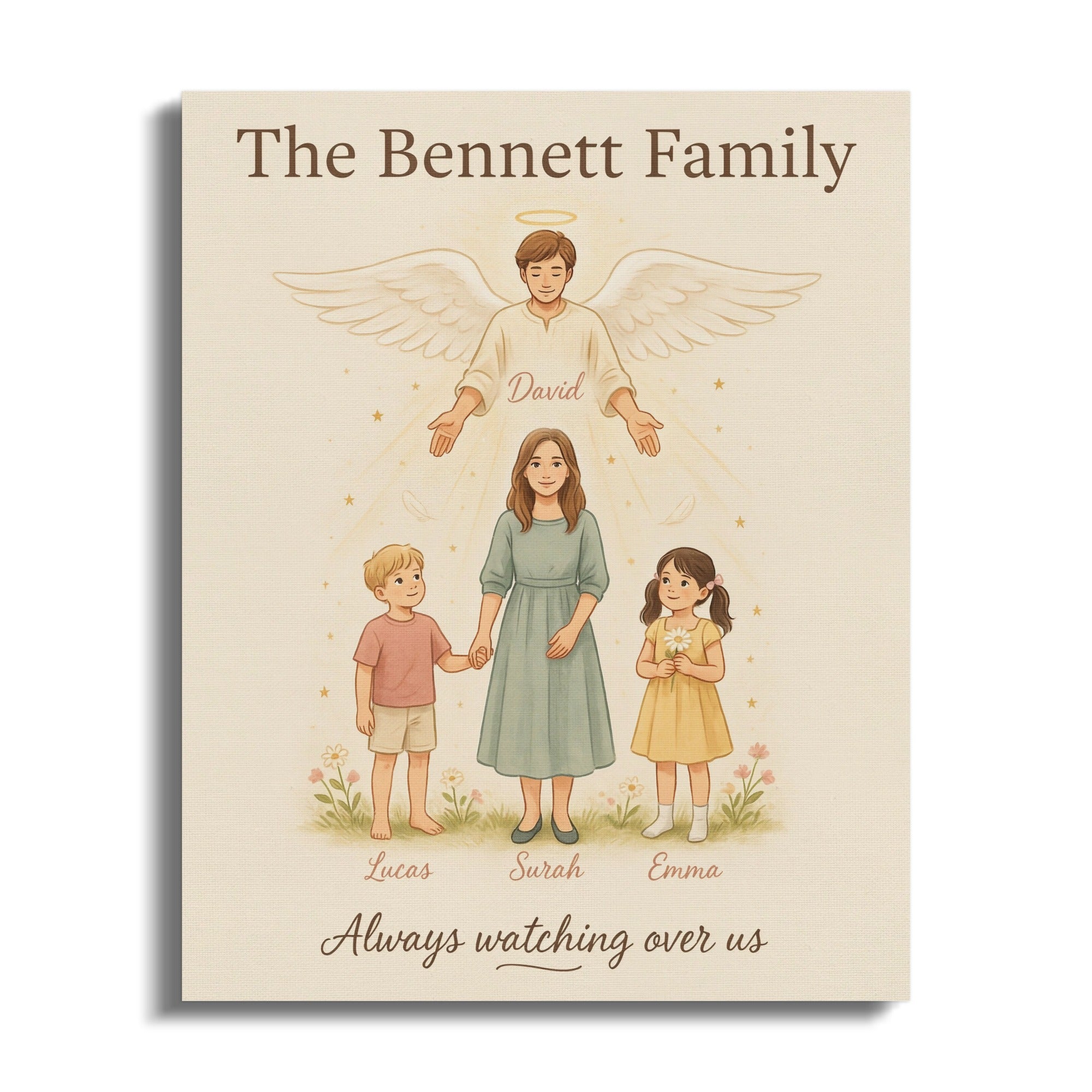 "The Bennett Family" artwork with angel, mother, and two children.