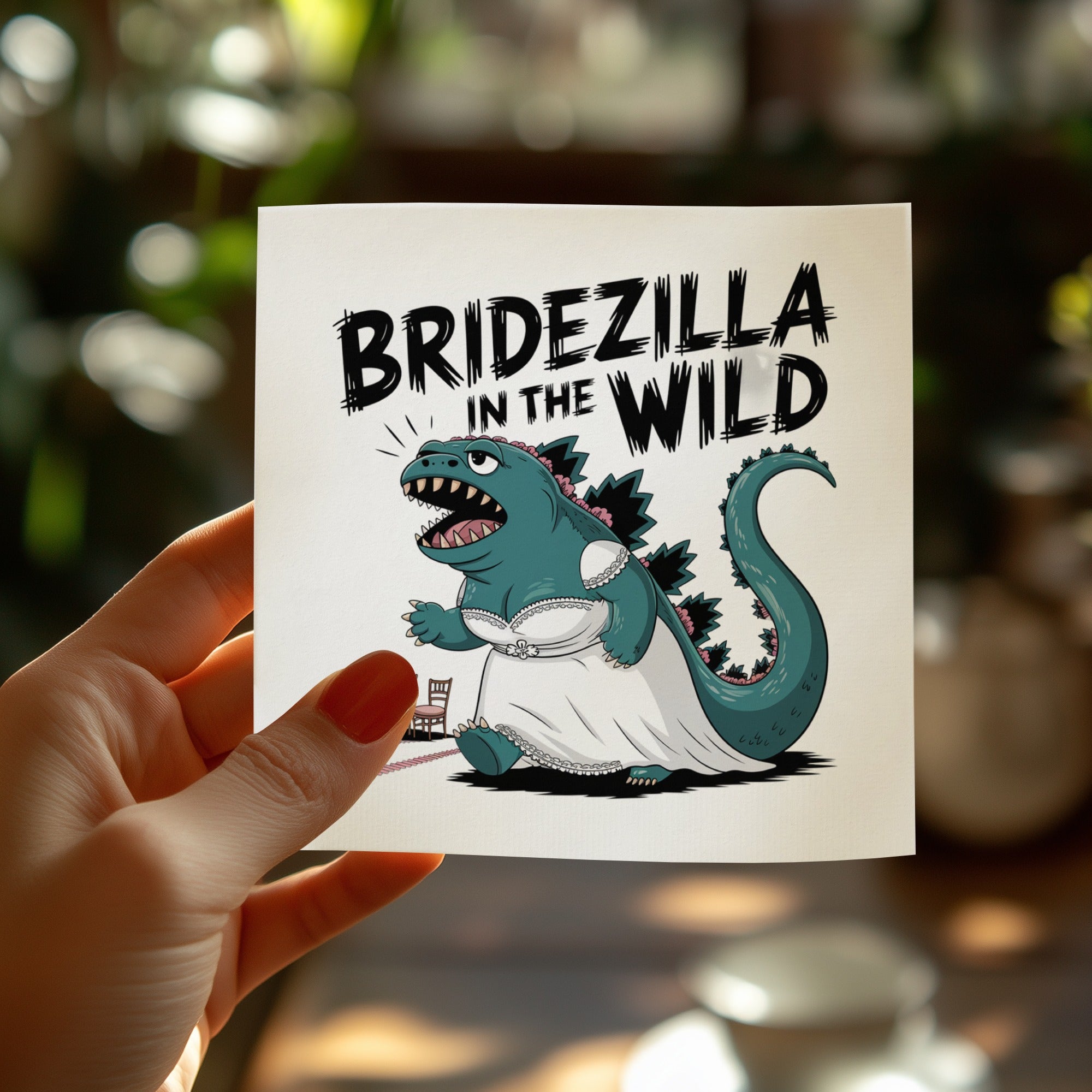 Bridezilla in the Wild cartoon monster in a wedding dress holding a leash.
