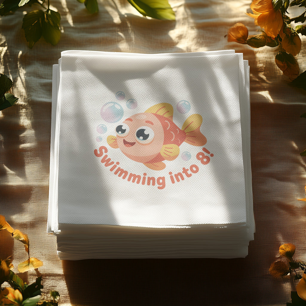 Stack of white napkins with a cartoon fish and text "Swimming into 8!".