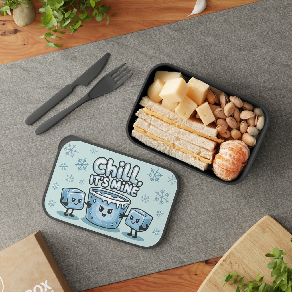 Lunchbox with sandwich, cheese, pistachios, and tangerines, featuring cute ice cubes.