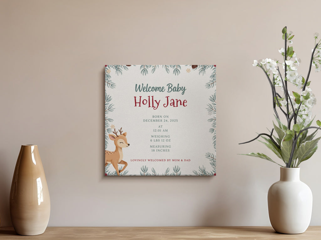 Welcome Baby Holly Jane birth details with a fawn illustration.