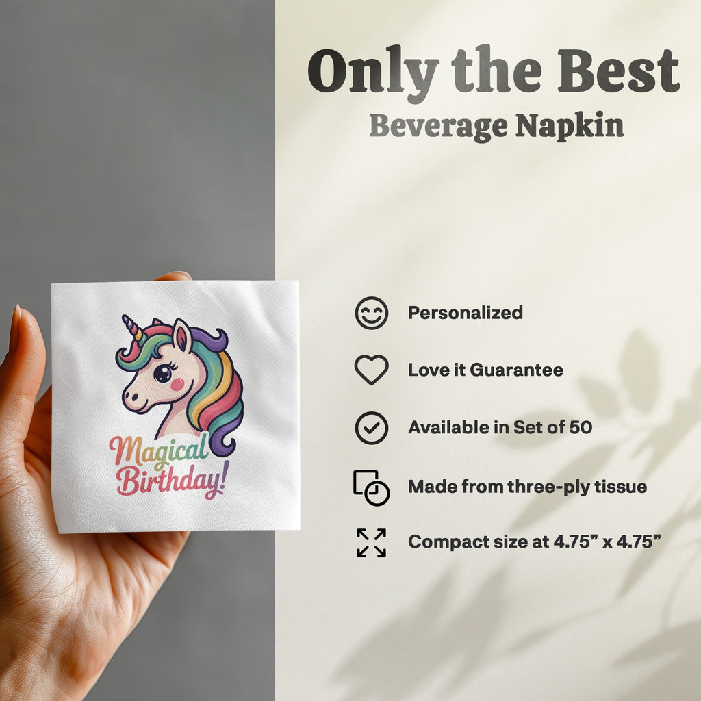 Beverage napkin with unicorn design and "Magical Birthday!" text.