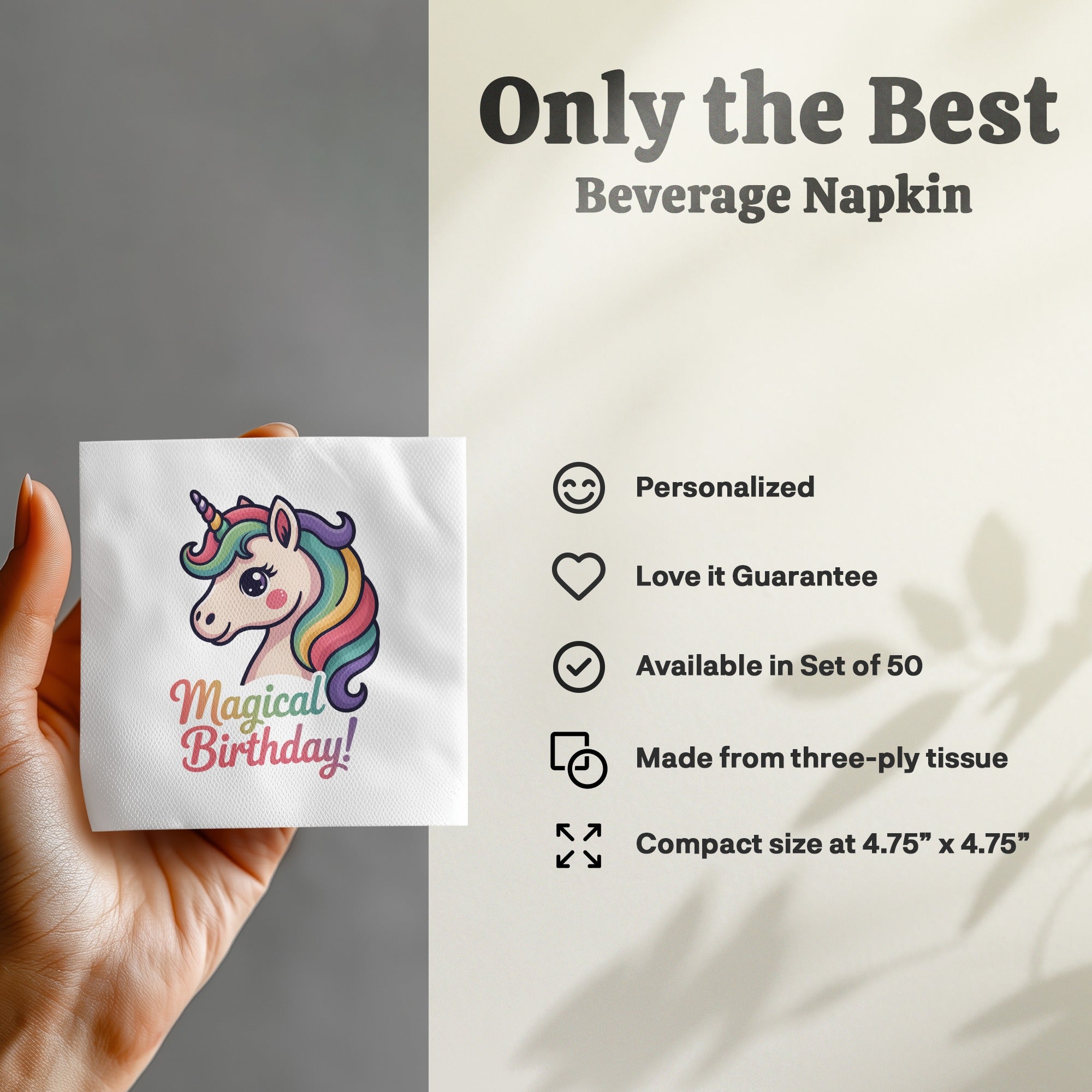 Beverage napkin with unicorn design and "Magical Birthday!" text.