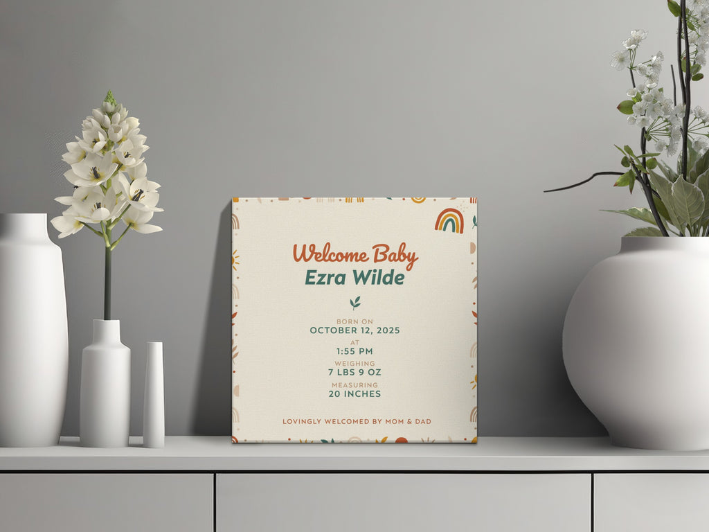 Welcome Baby Ezra Wilde sign with birth details on decorated shelf with vases and flowers.