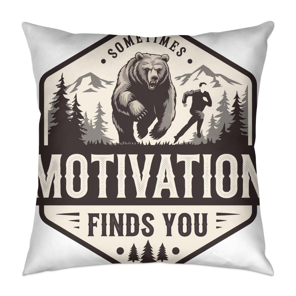 Bear chasing a runner with "MOTIVATION FINDS YOU" text.