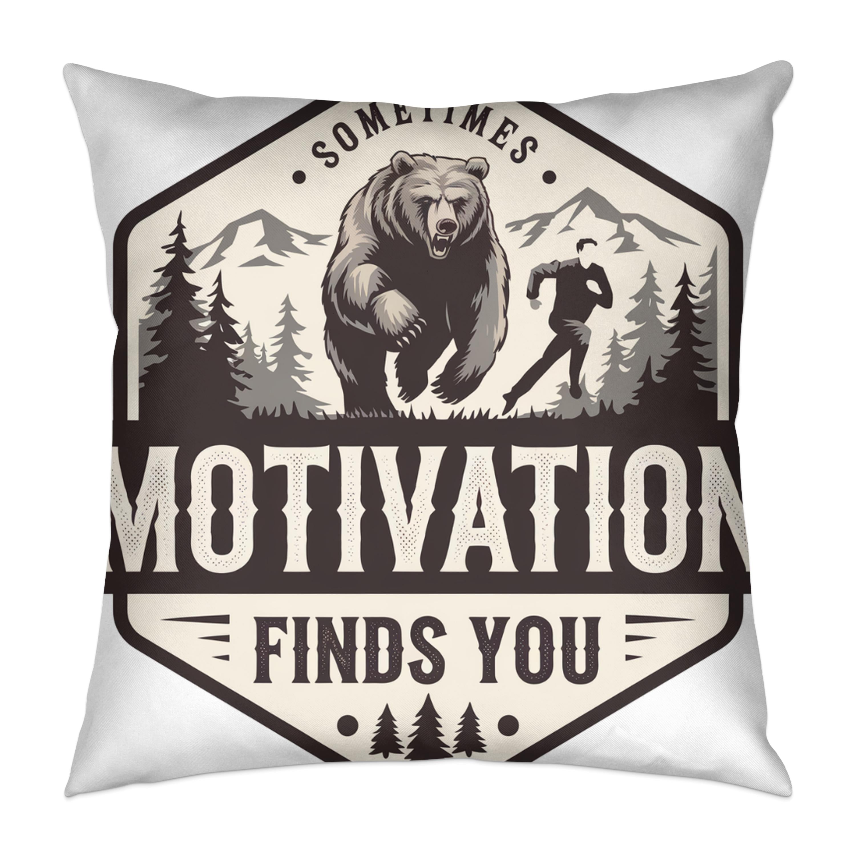 Bear chasing a runner with "MOTIVATION FINDS YOU" text.
