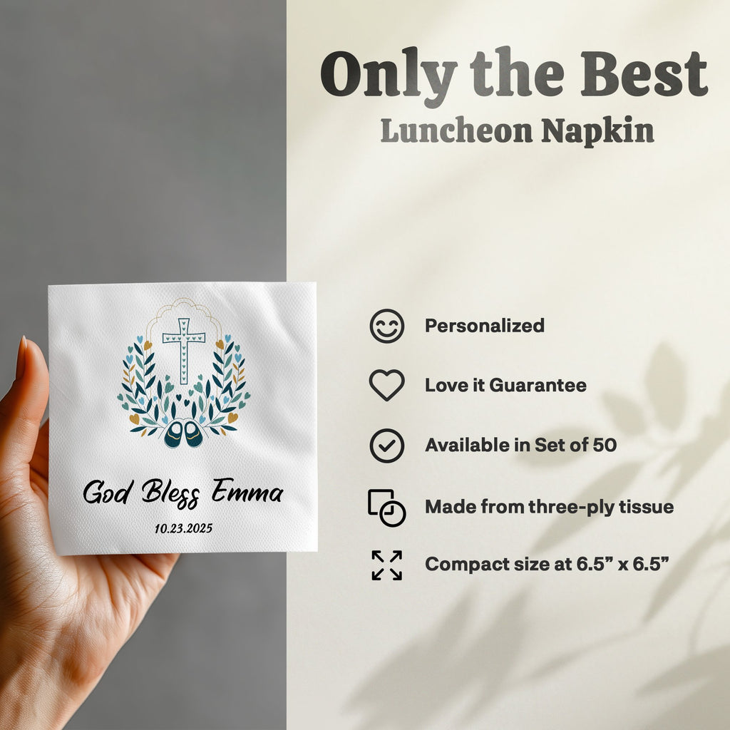Luncheon napkin with "God Bless Emma" and date, on a hand.