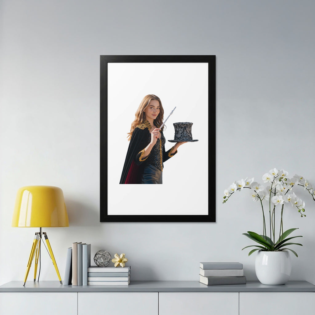 Magician in costume holding wand and top hat, framed.