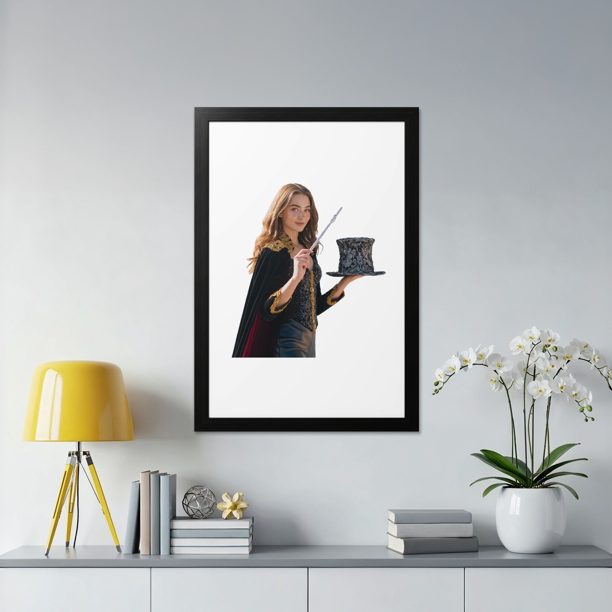 Magician in costume holding wand and top hat, framed.