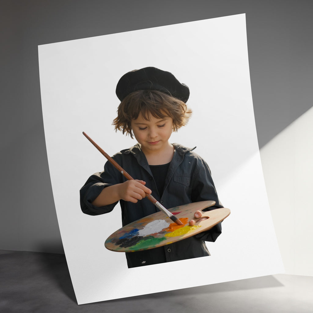 Child artist wearing a beret holds a paint palette and brush.