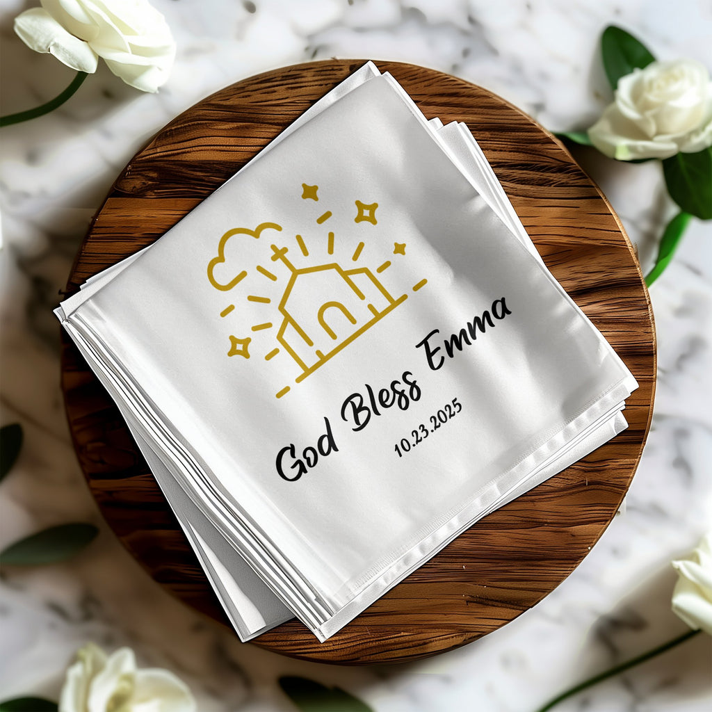 White napkin with gold church, rays, and "God Bless Emma 10.23.2025".