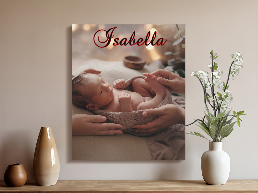 Newborn baby wrapped in a tan blanket held by parents, "Isabella" text above.