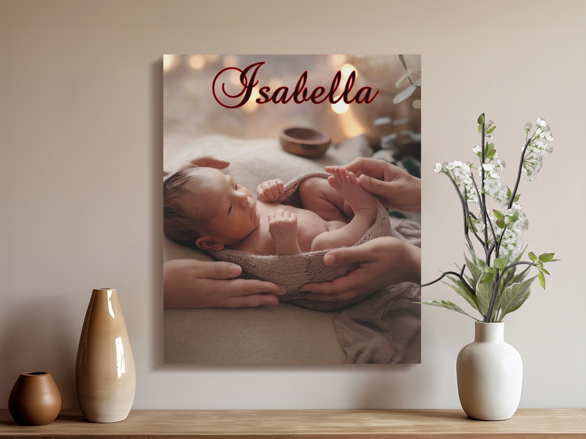 Newborn baby wrapped in a tan blanket held by parents, "Isabella" text above.