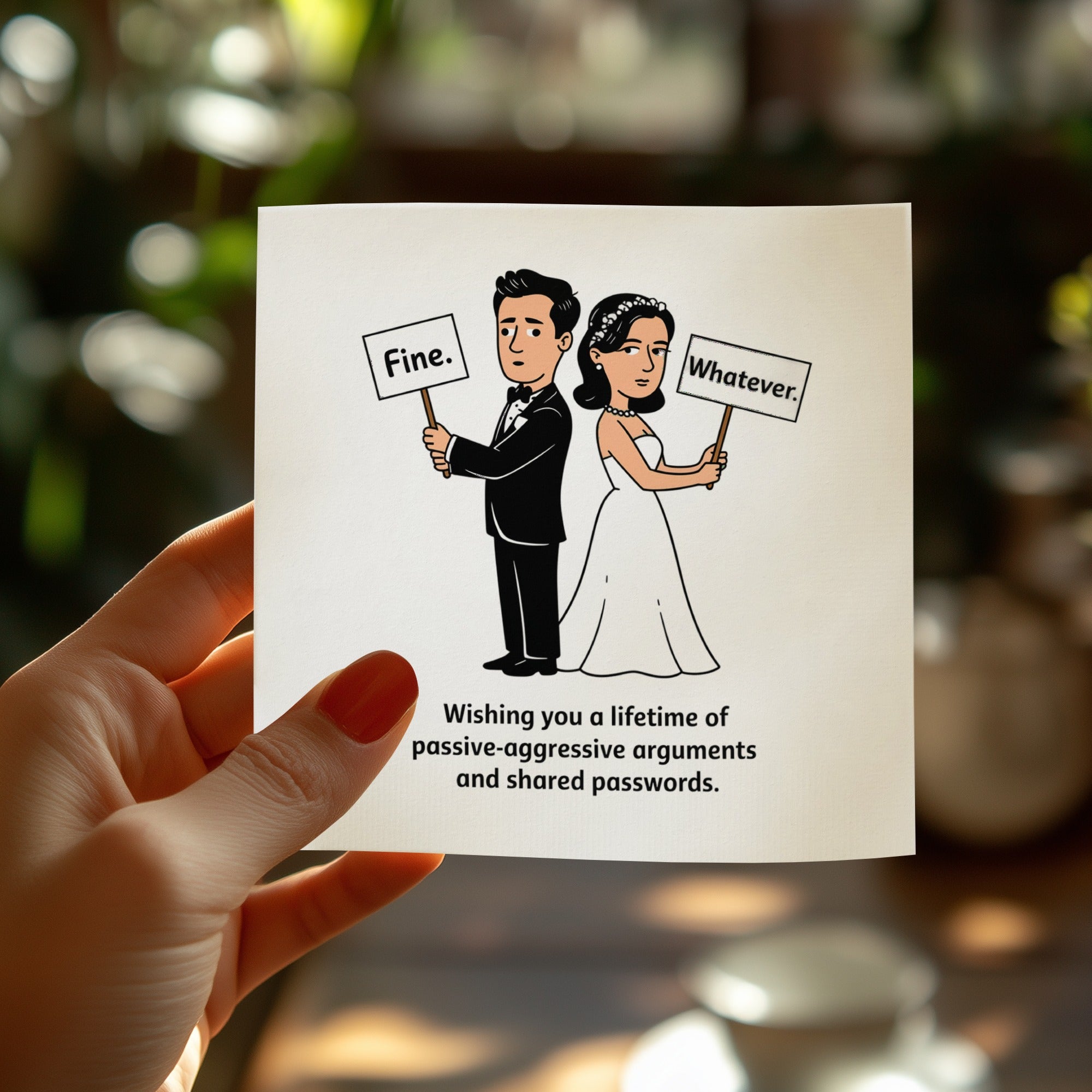 Couple holding signs "Fine." and "Whatever." with wedding toast.