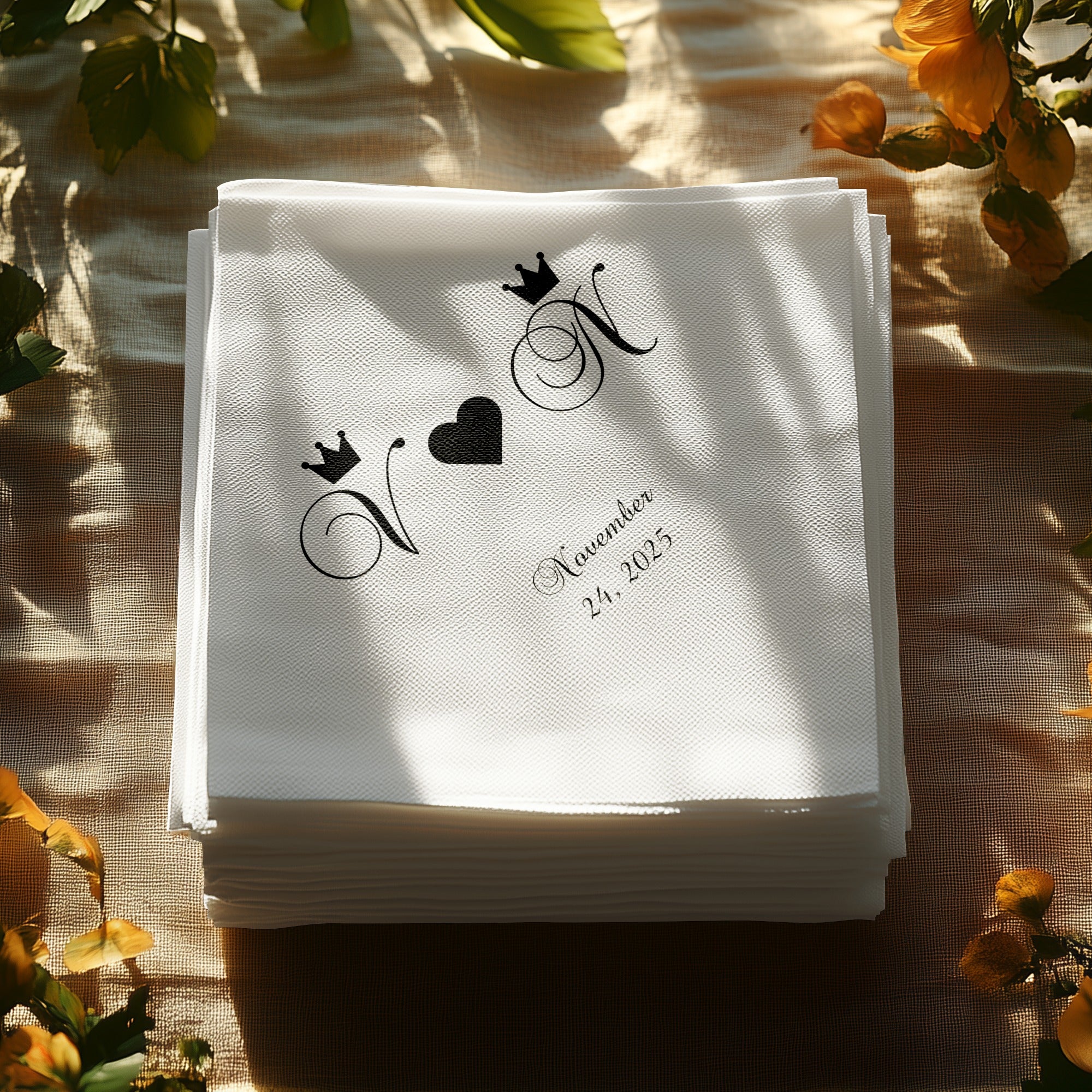 Stack of white cocktail napkins with "N" monograms and a heart.