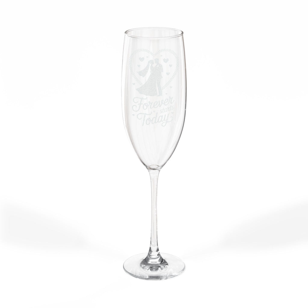 Champagne flute with "Forever Starts Today" and wedding heart design.