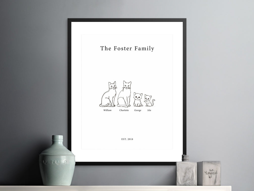 The Foster Family custom print with line art cats and establishment date.
