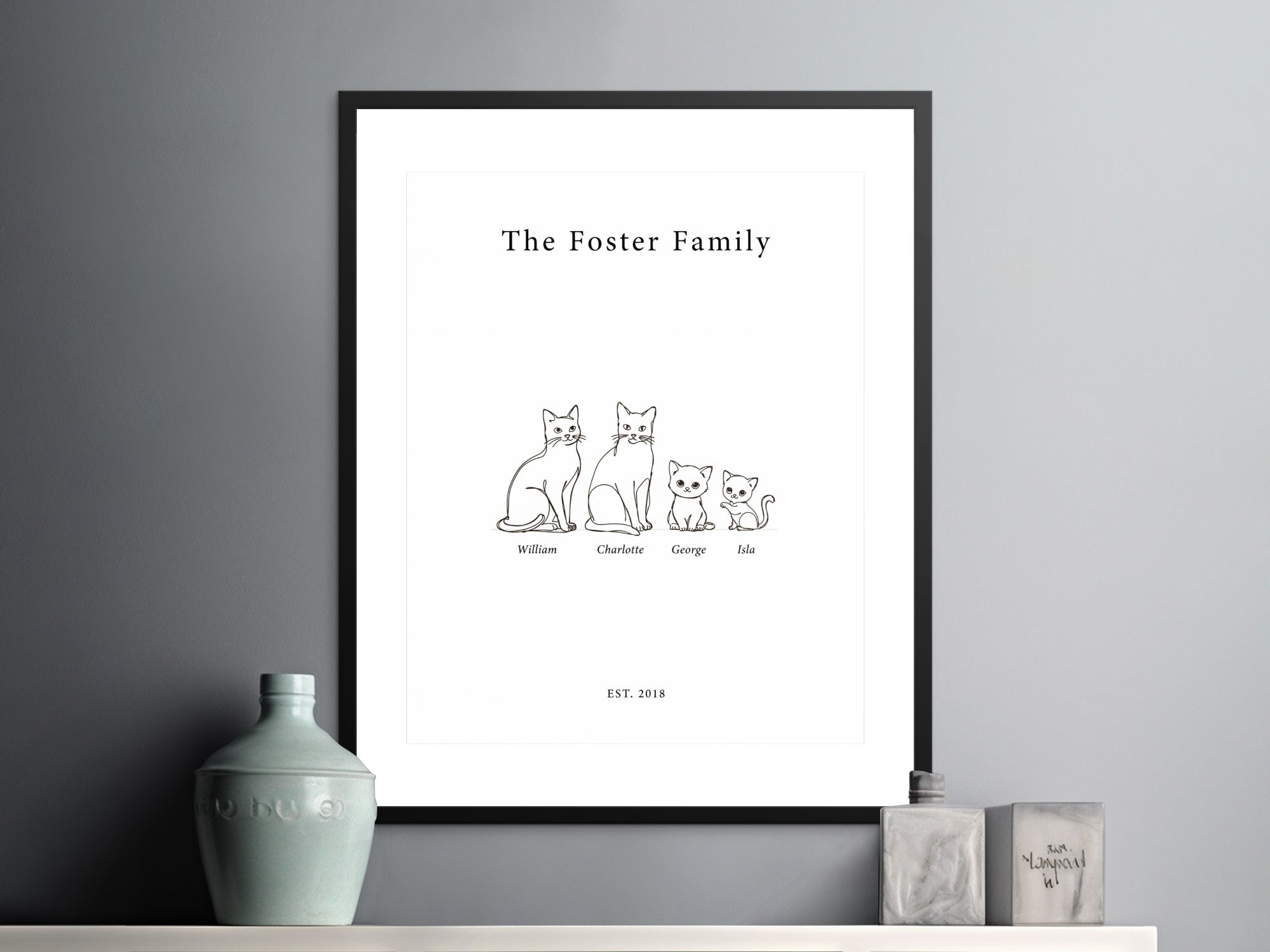 The Foster Family custom print with line art cats and establishment date.