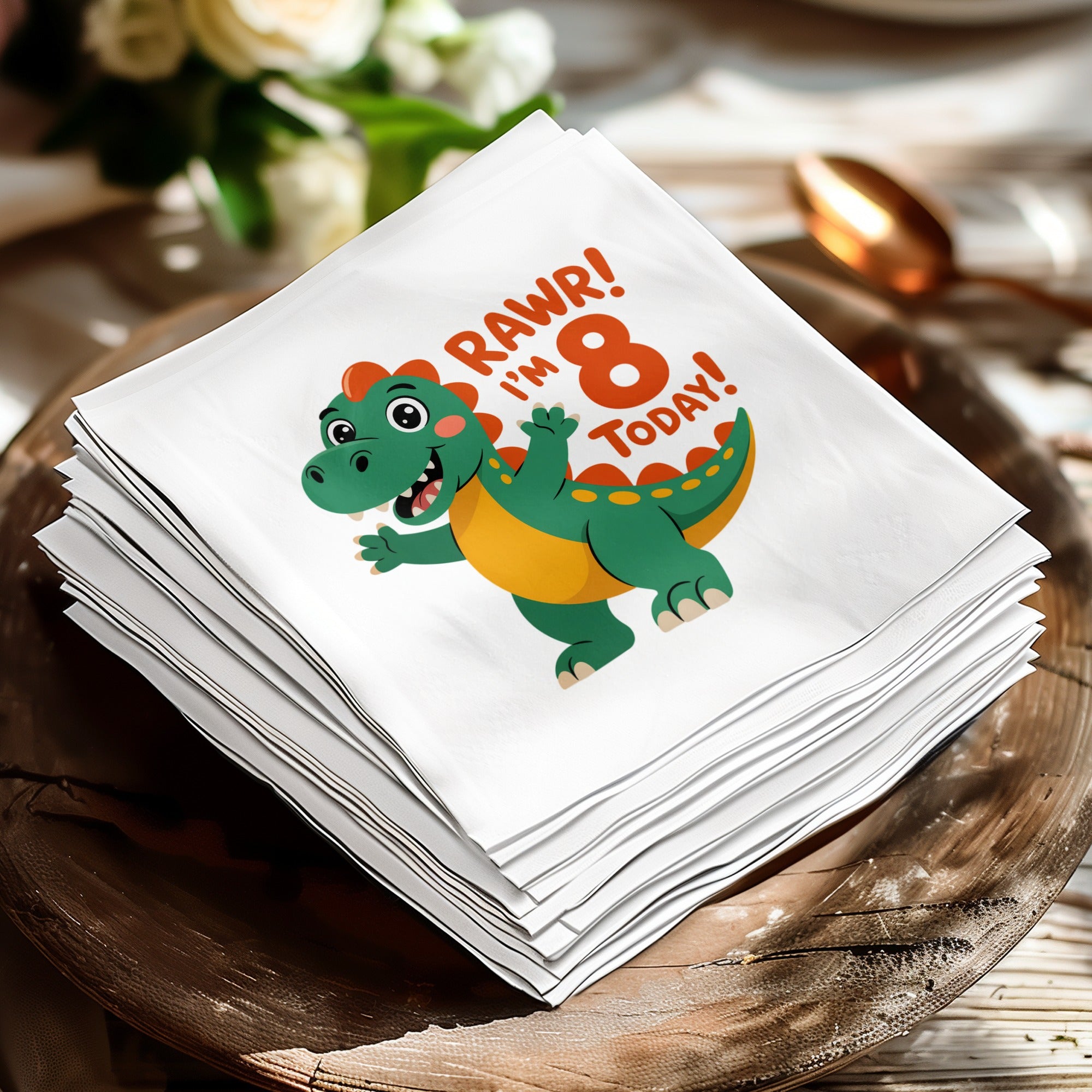 Dinosaur graphic with "Rawr! I'm 8 Today!" text on a stack of white napkins.