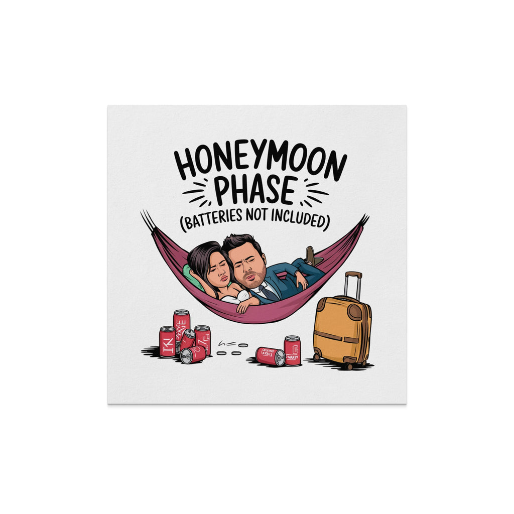 Couple in hammock with luggage and cans of drink, "Honeymoon Phase" text.