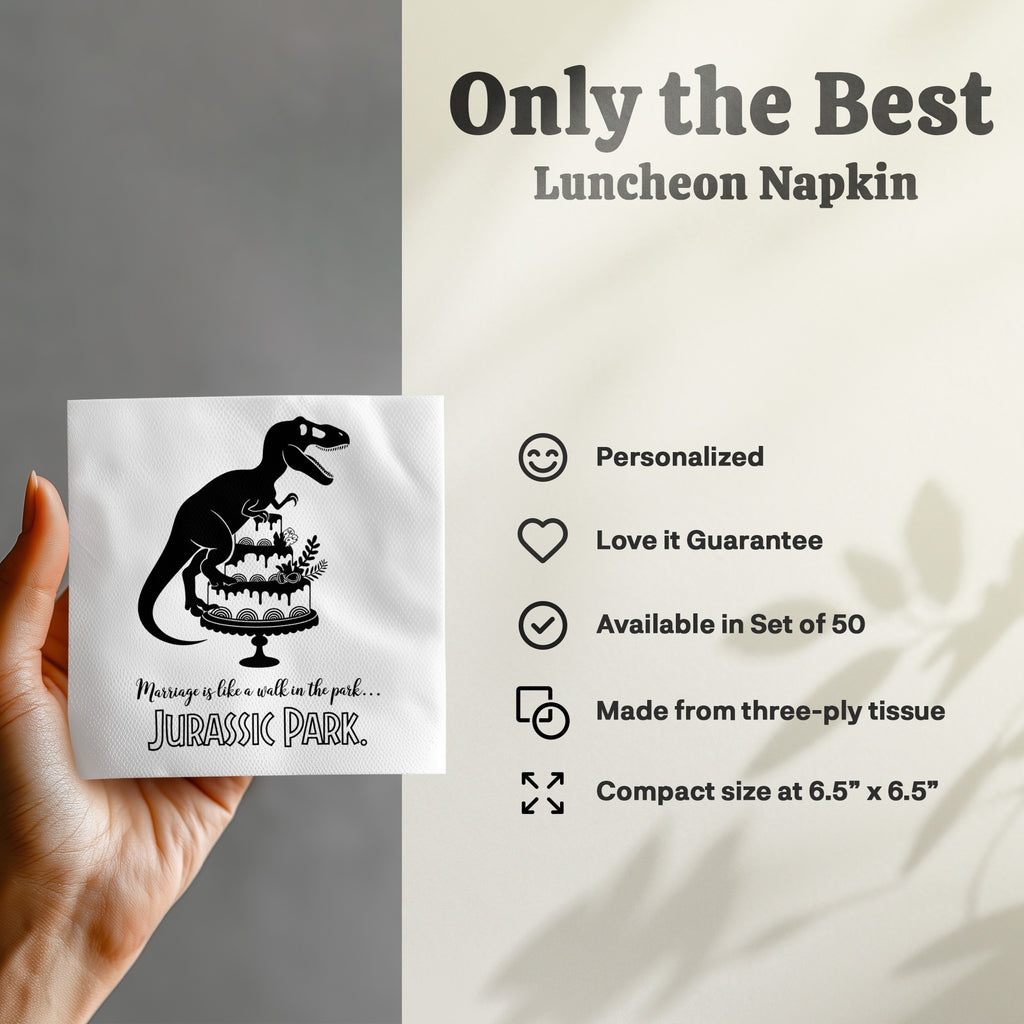 Jurassic Park napkin with wedding cake and dinosaur illustration.