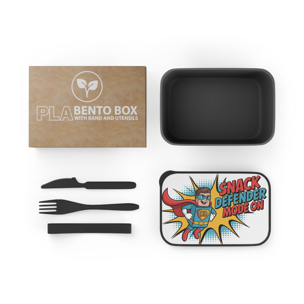 PLA Bento Box with utensils and a lid featuring a superhero snack defender graphic.