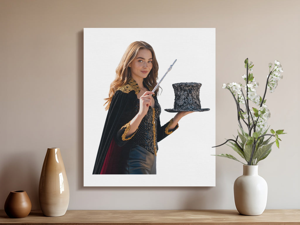 Woman in magician costume holding wand and top hat with flowers.