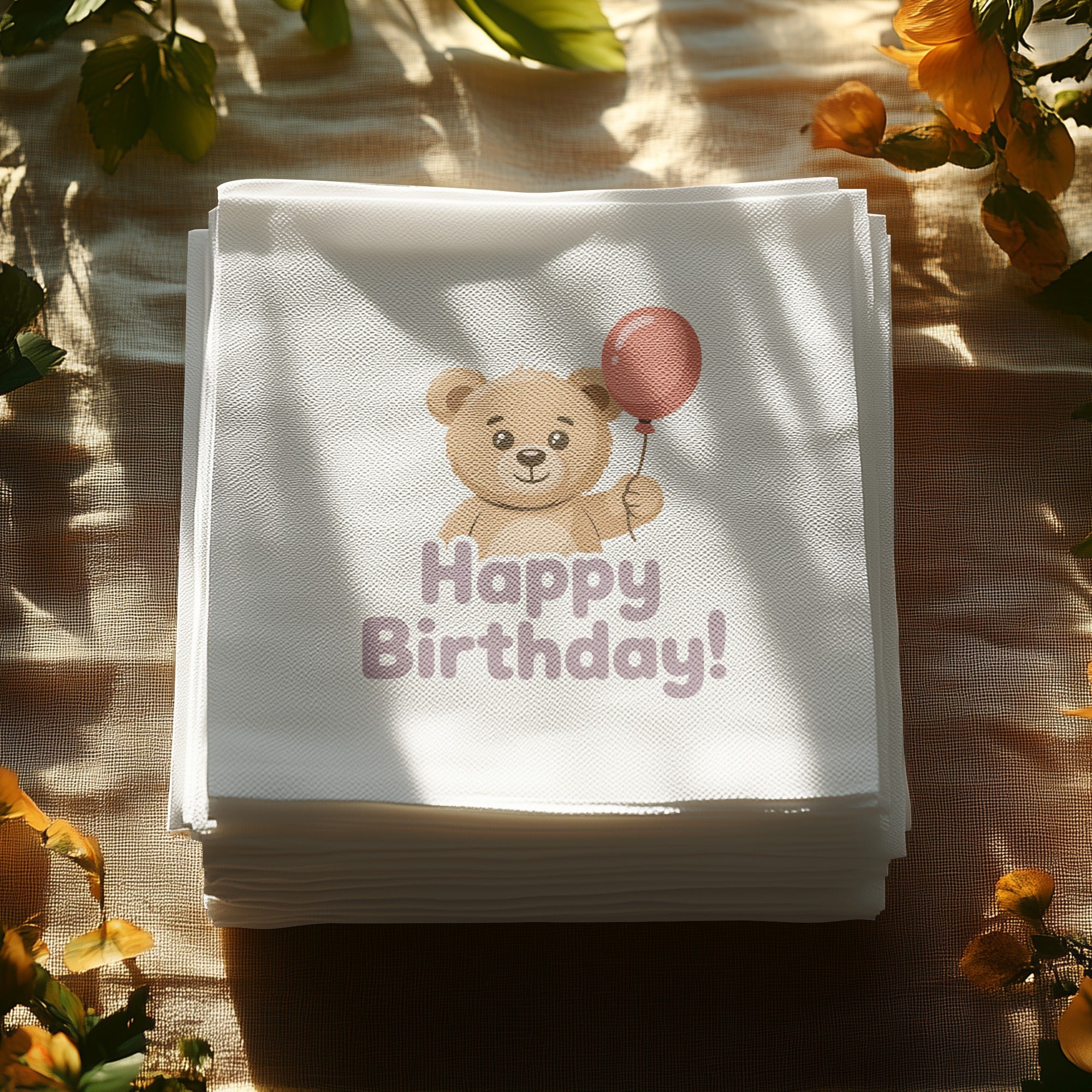 Stack of white napkins with a teddy bear holding a balloon and "Happy Birthday!" text.
