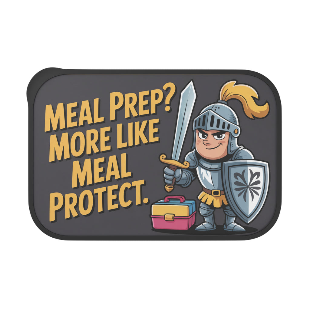 Knight in armor holding sword and shield with text "Meal Prep? More Like Meal Protect."