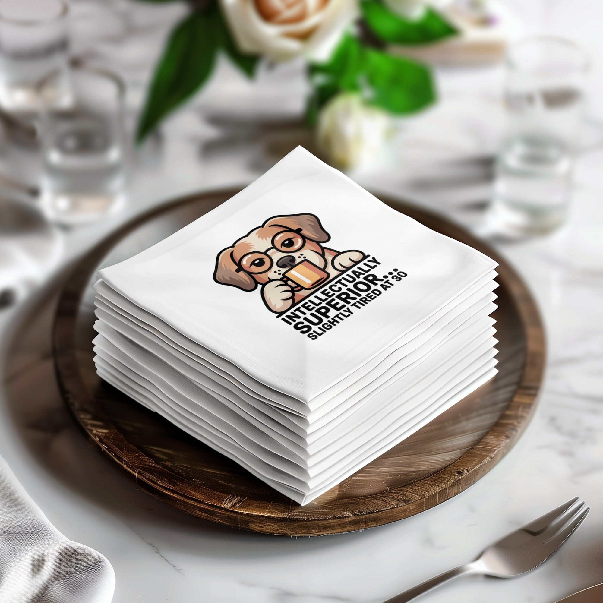 Stack of napkins with a dog wearing glasses and text, "Intellectually Superior... Slightly Tired at 30".