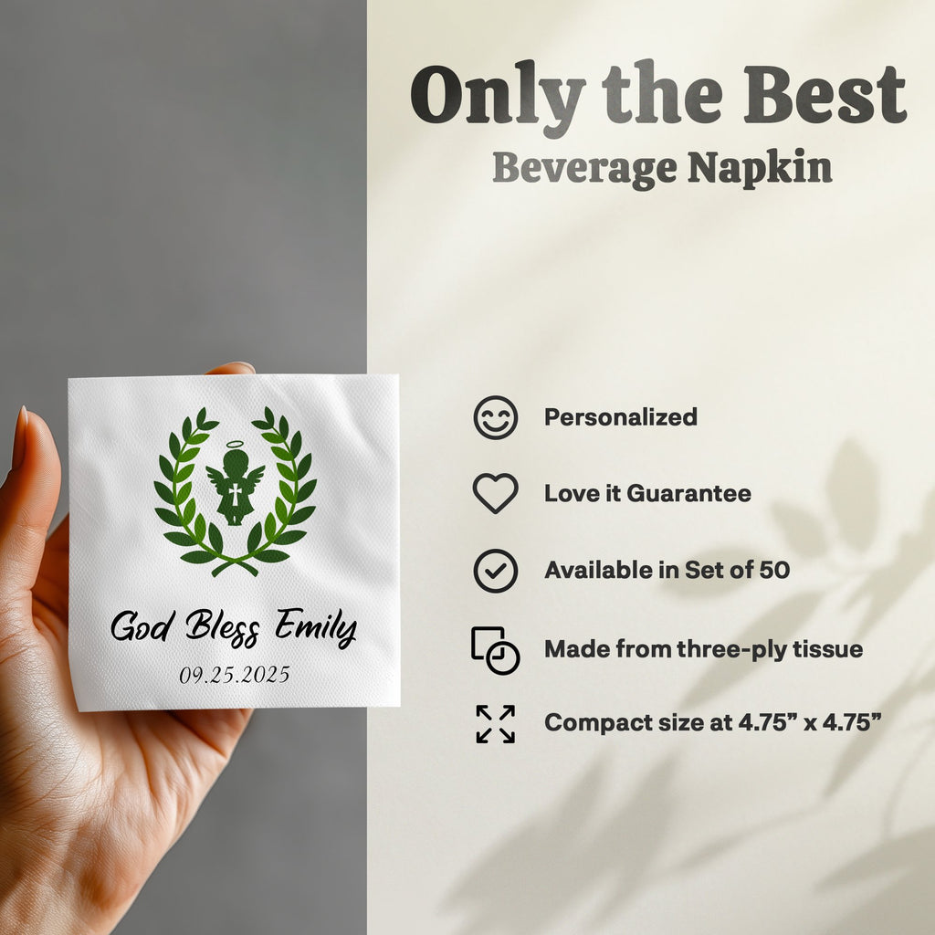 Beverage napkin with "God Bless Emily 09.25.2025" and wreath design.