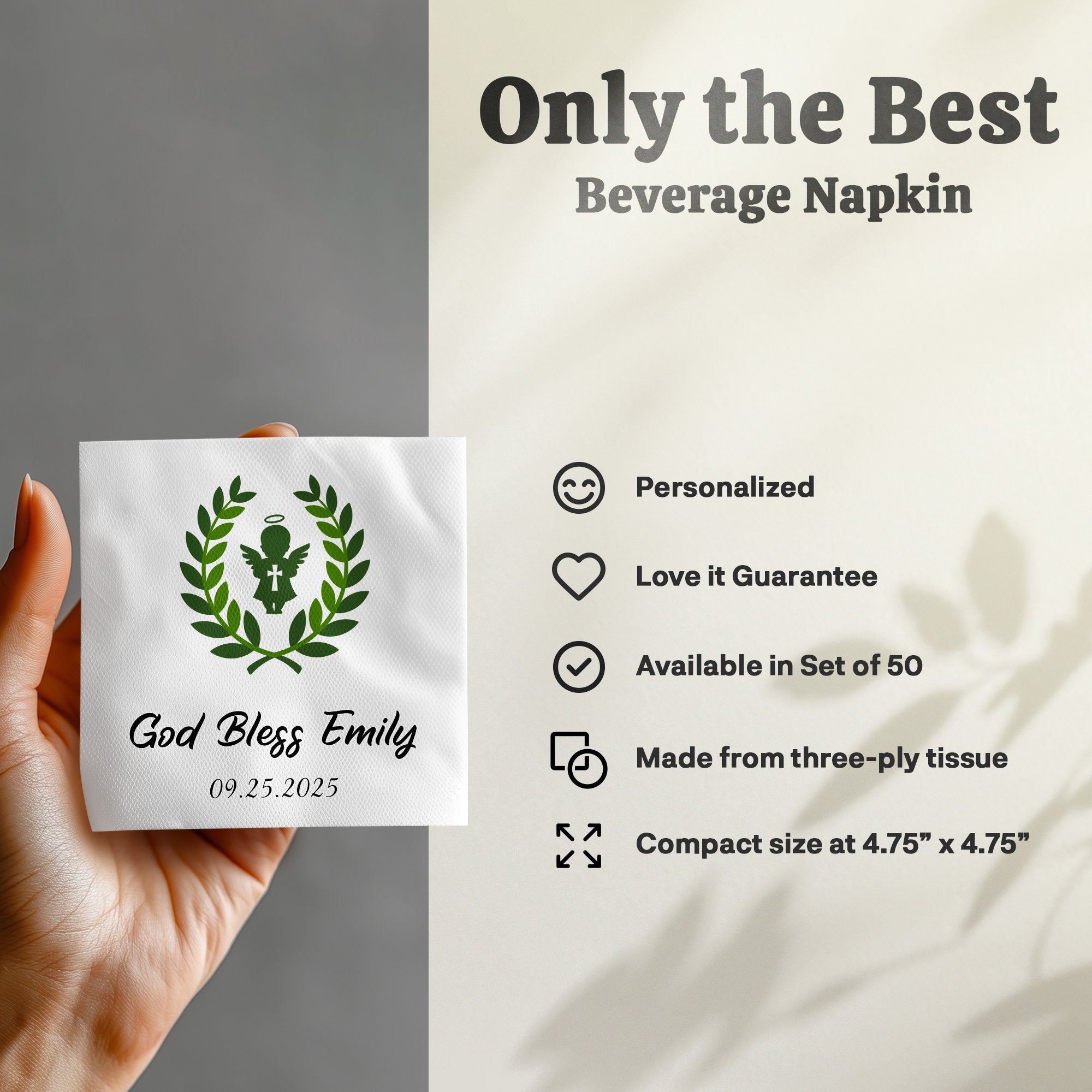 Beverage napkin with "God Bless Emily 09.25.2025" and wreath design.