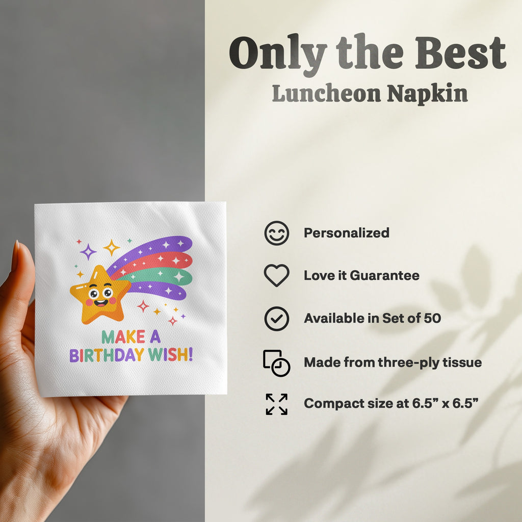 Luncheon napkin with "Make a Birthday Wish" text and star design, held in hand.