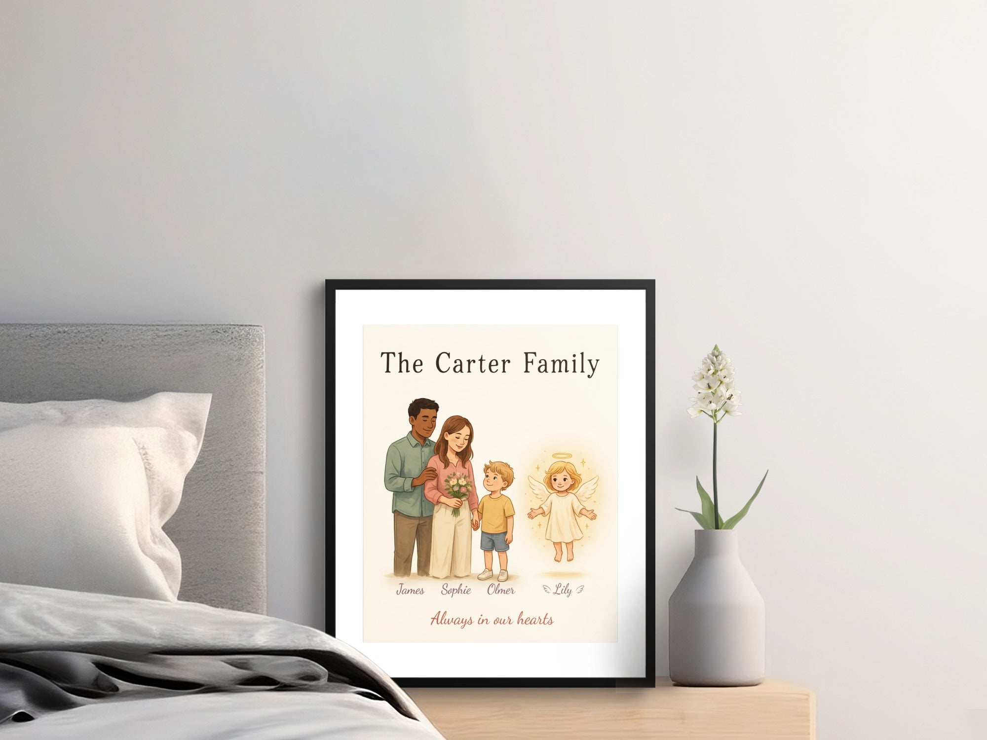 Custom framed print of "The Carter Family" with angelic girl and names.