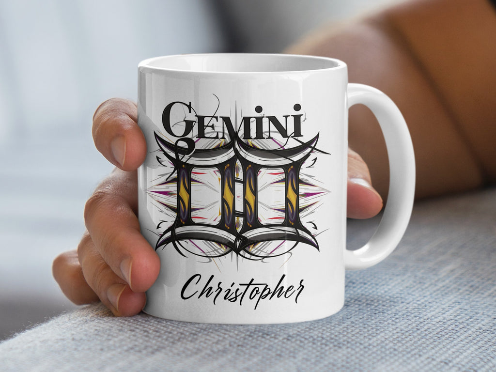 White mug with Gemini symbol and "Christopher" in stylized text.