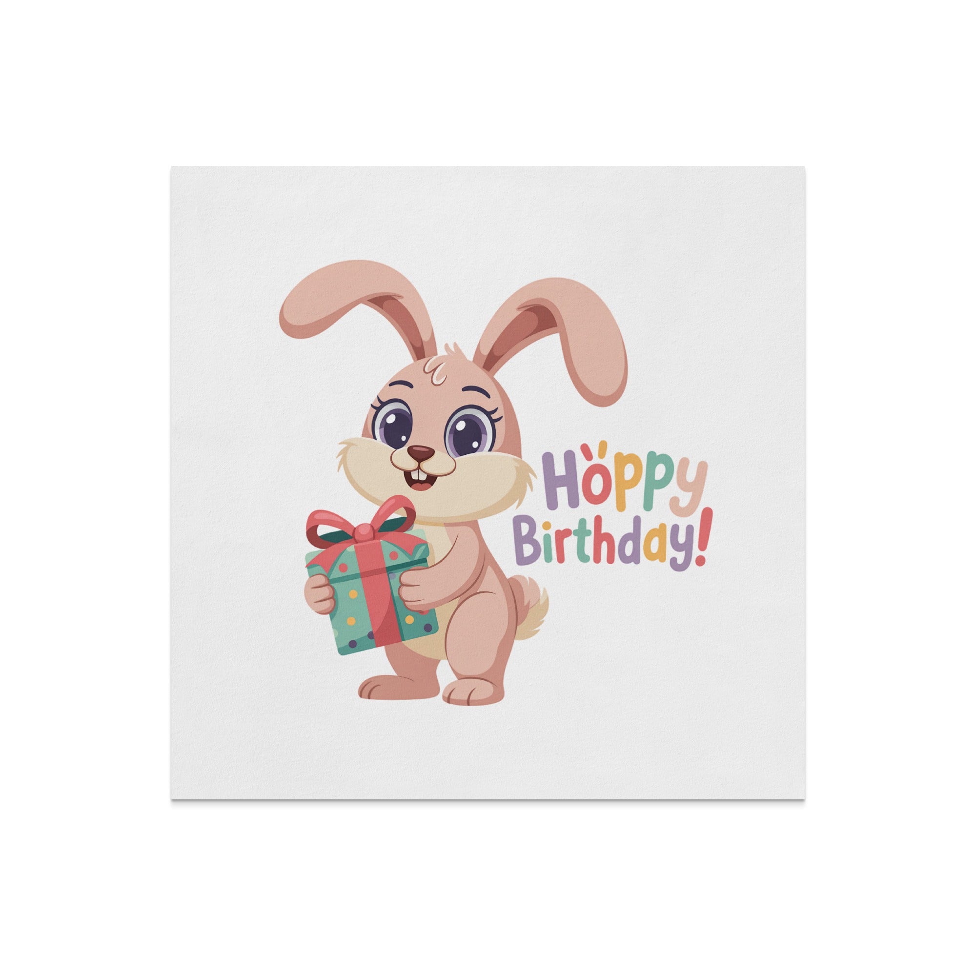 Cute bunny holding a birthday gift with "Hoppy Birthday!" text.