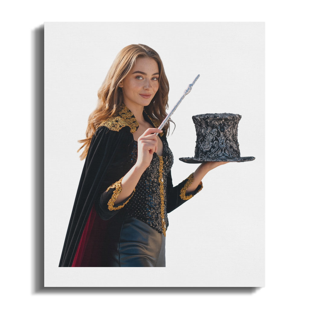 Young woman in magician costume holding a wand and top hat.