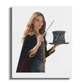 Young woman in magician costume holding a wand and top hat.