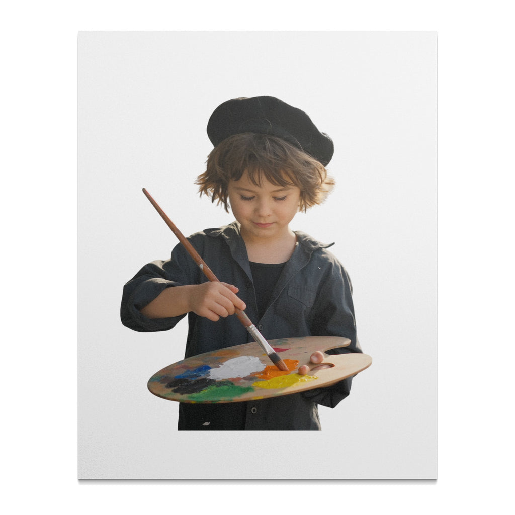 Child artist in beret holds paintbrush and colorful palette.