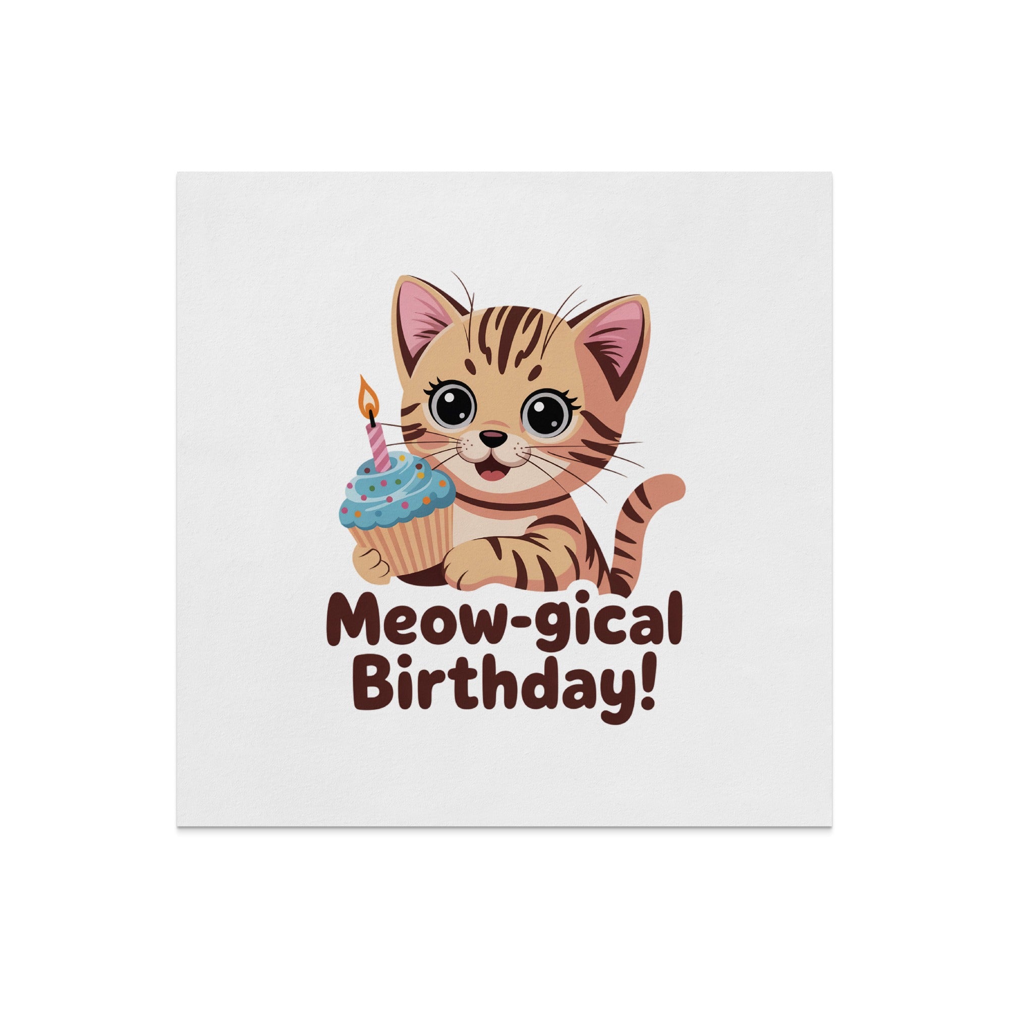 Cartoon cat with cupcake and candle, "Meow-gical Birthday!" text.