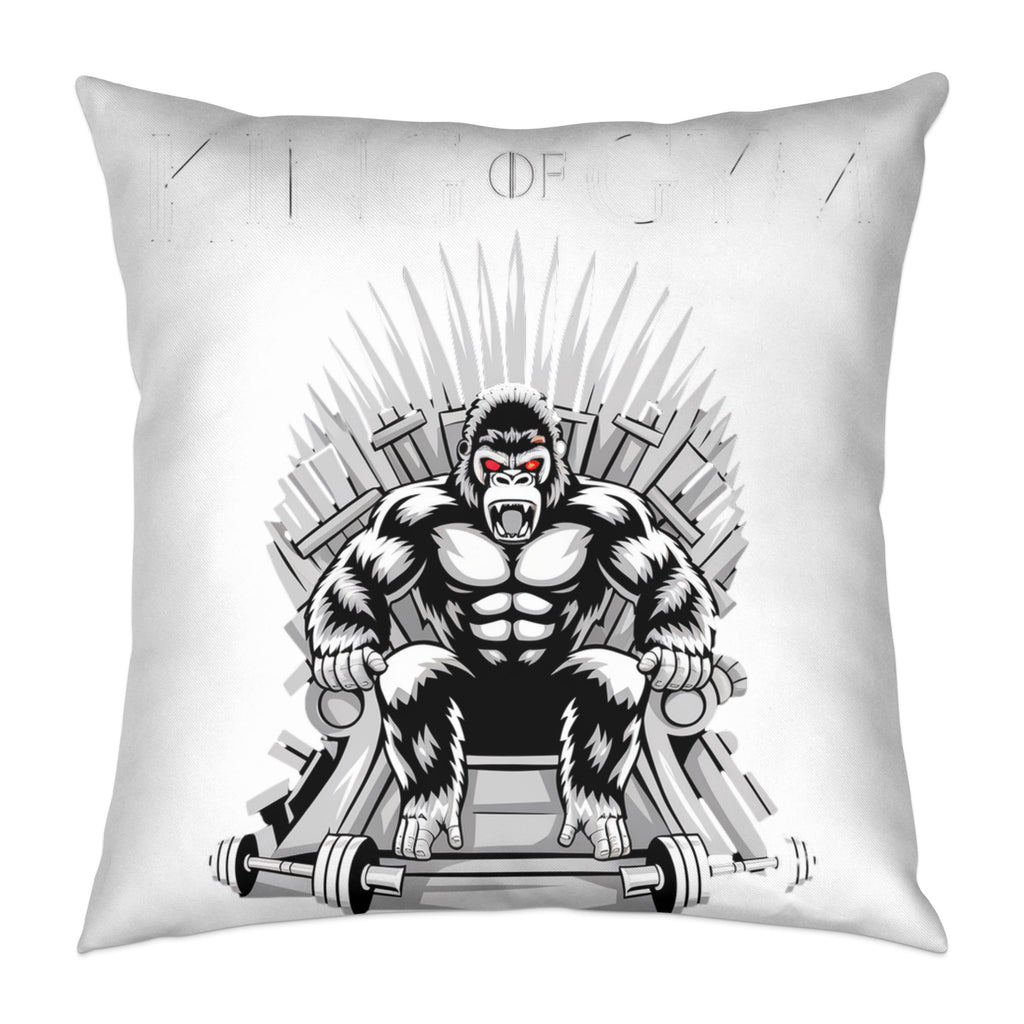 Gorilla king on a throne of barbells, red eyes, black and white.