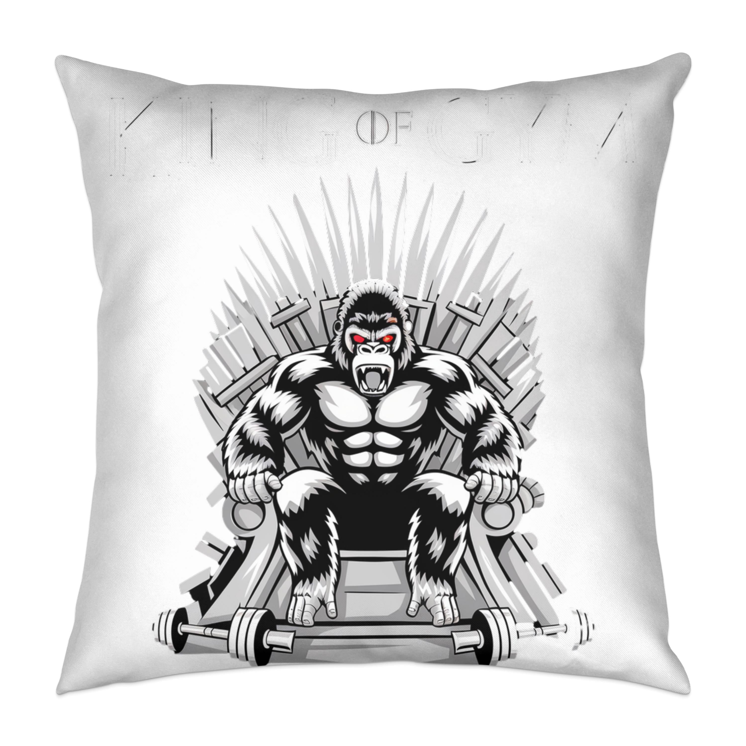 Gorilla king on a throne of barbells, red eyes, black and white.