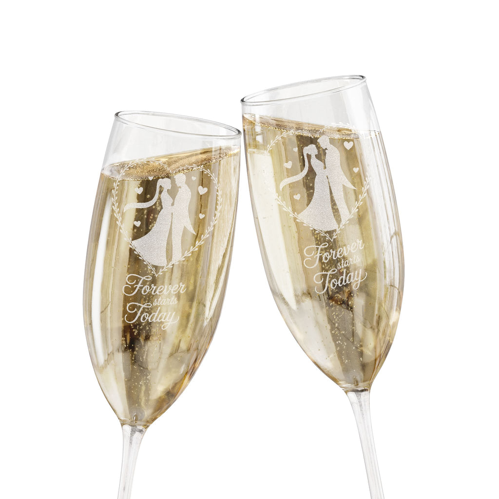 Champagne flutes with "Forever starts Today" and couple silhouette design.