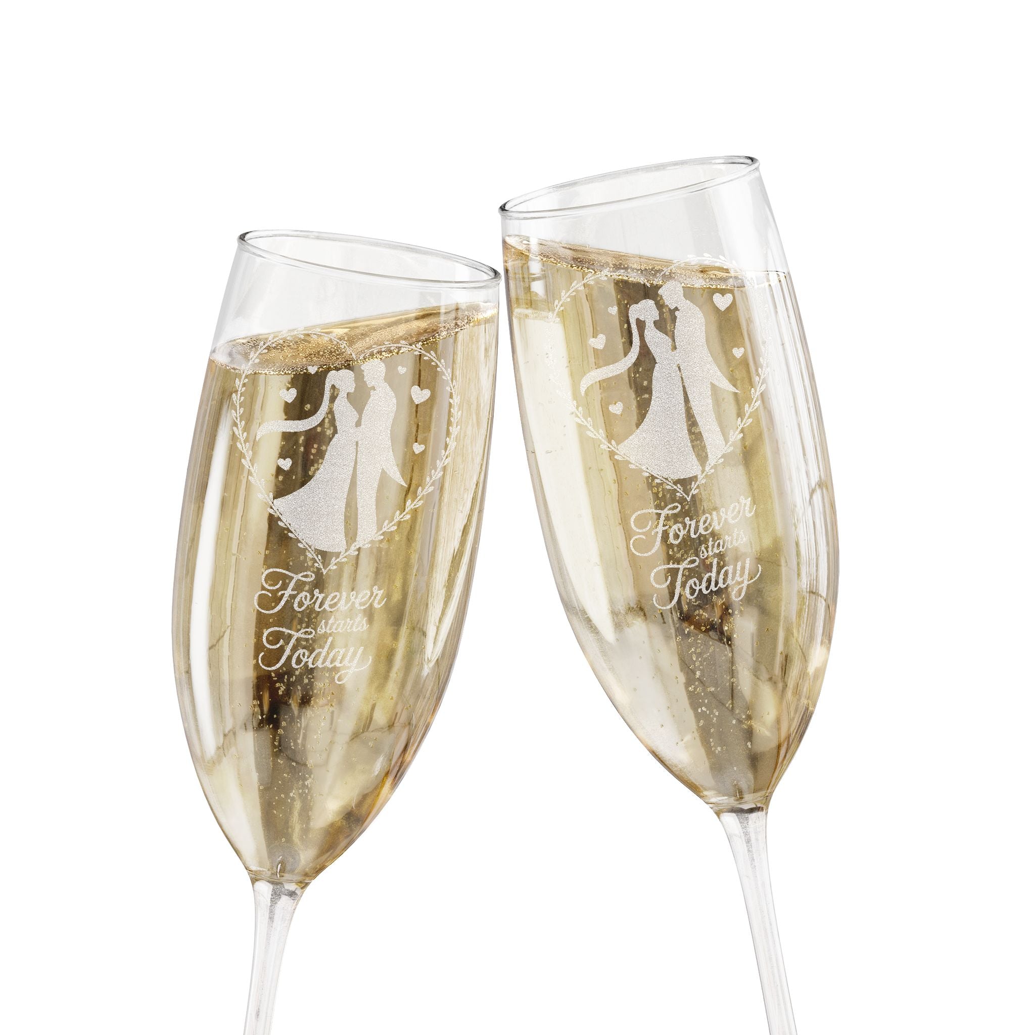 Champagne flutes with "Forever starts Today" and couple silhouette design.