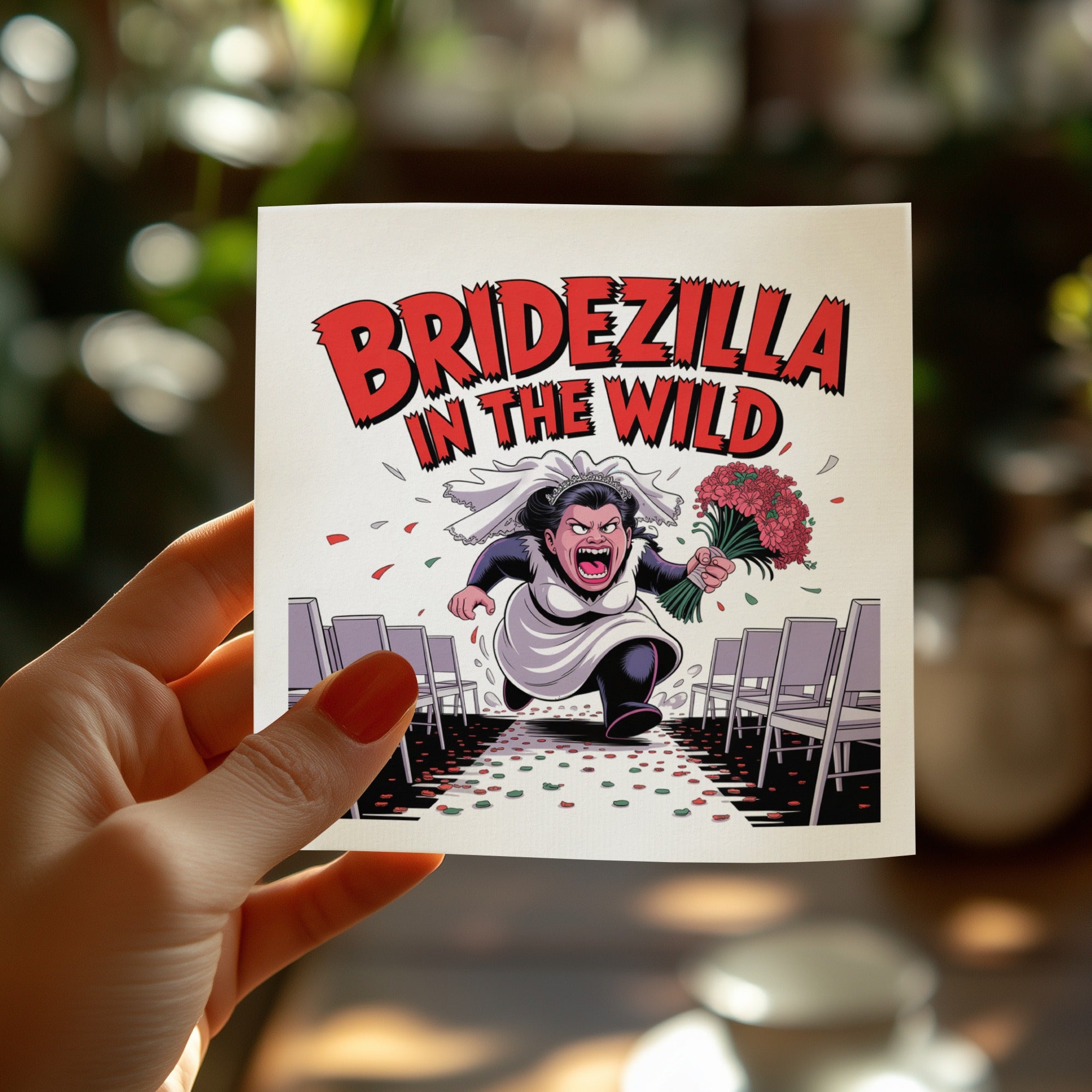 Bridezilla in the Wild cartoon of an angry bride running through wedding aisle.