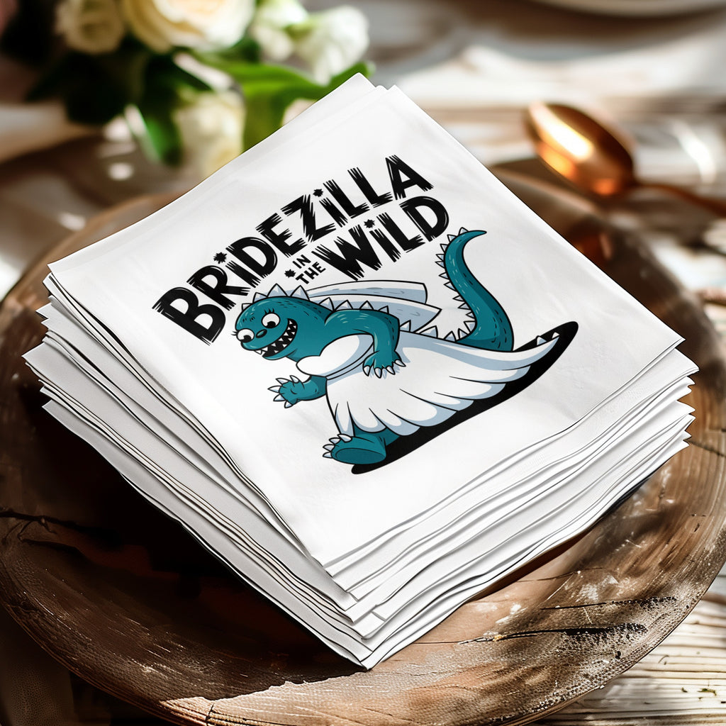 Bridezilla in the Wild text on a white napkin with a dinosaur in a wedding dress.