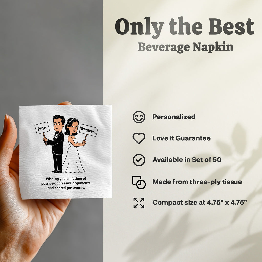 Napkin with cartoon couple and text "Fine. Whatever."