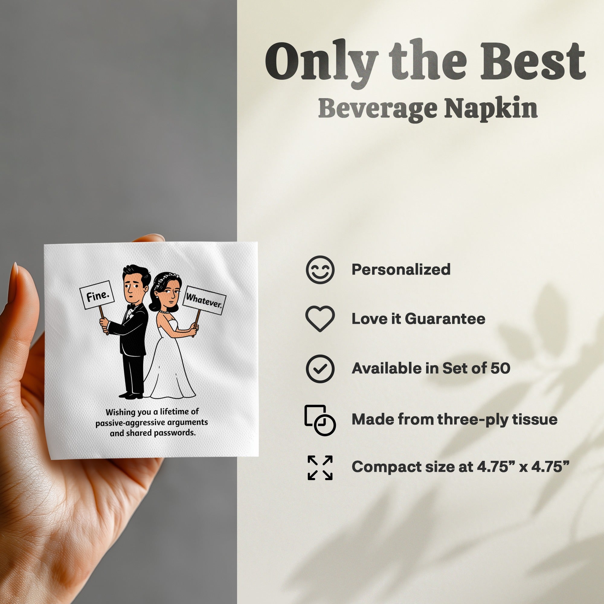 Napkin with cartoon couple and text "Fine. Whatever."