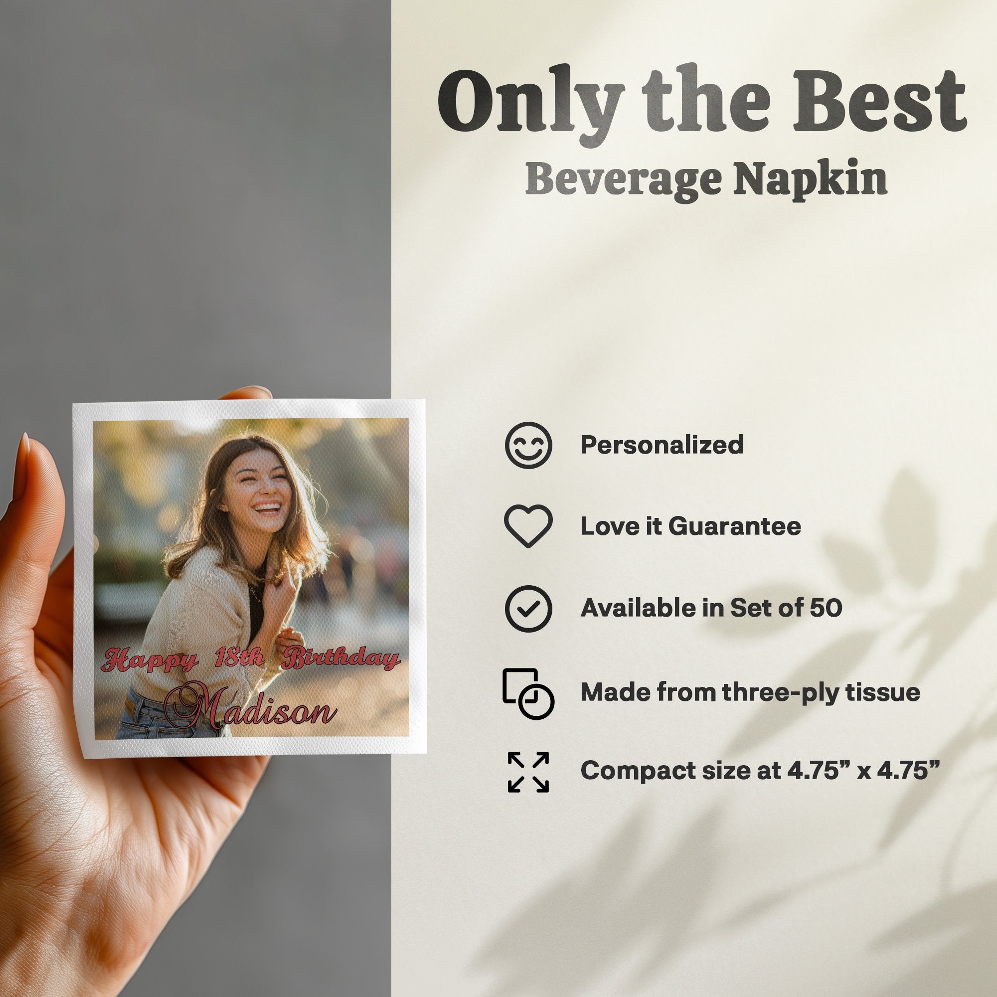 Beverage napkin with "Happy 18th Birthday Madison" text and a photo.